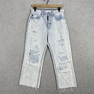 KanCan High Rise Destroyed Straight Leg Jeans Womens 27 Acid Wash Raw Hem Grunge